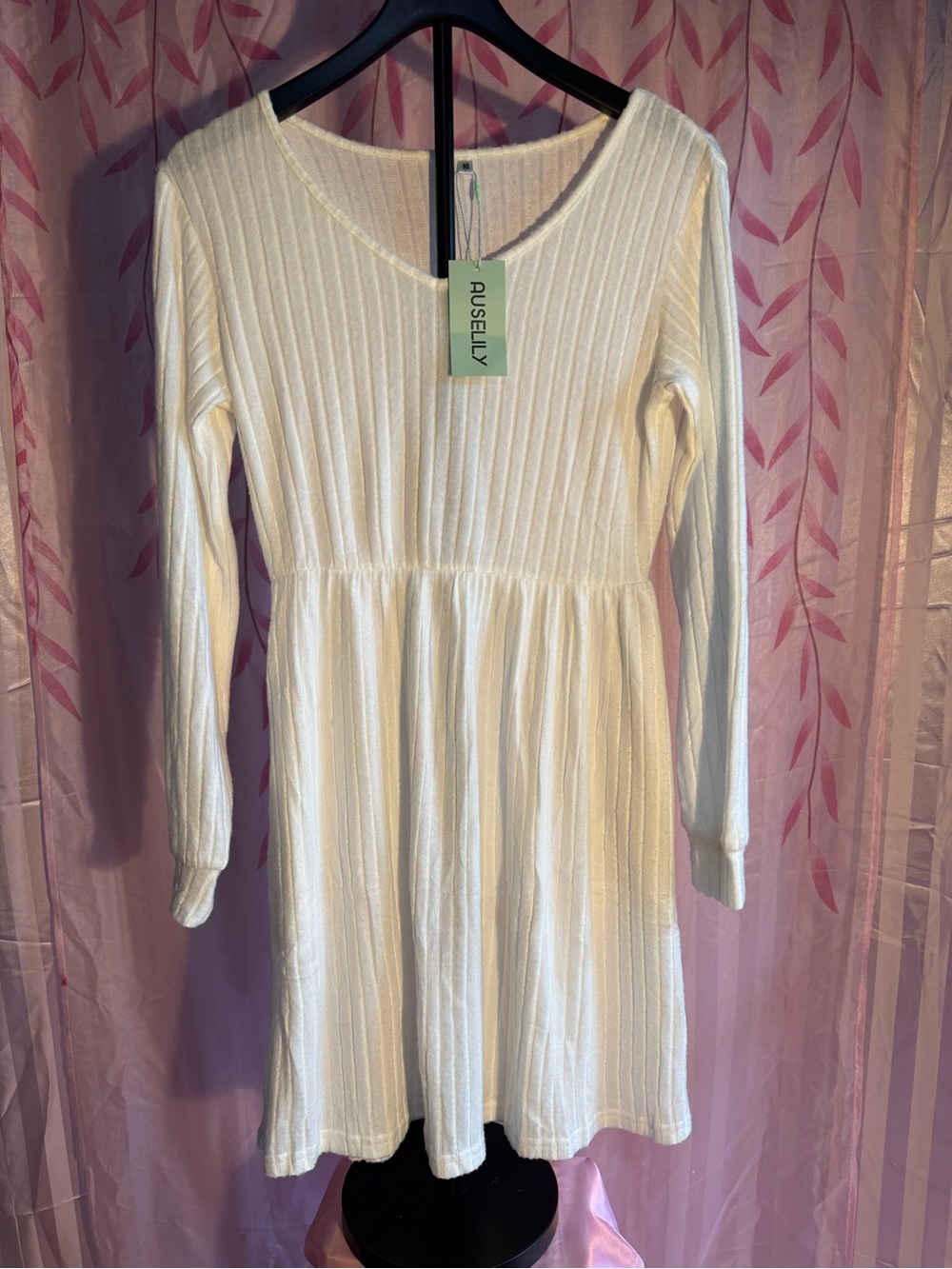 Auselly Cream Ribbed Long-Sleeve Midi Dress